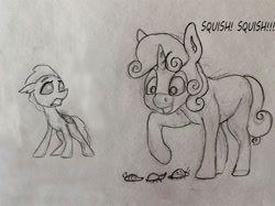 Size: 682x511 | Tagged: safe, artist:jellymaggot, imported from derpibooru, ocellus, sweetie belle, changedling, changeling, insect, /mlp/, drawthread, duo, grayscale, horror, monochrome, onomatopoeia, request, sketch, traditional art