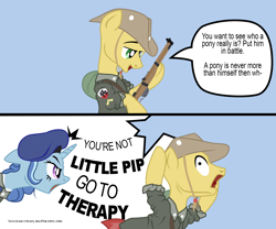 Size: 1800x1500 | Tagged: safe, artist:aaronmk, imported from derpibooru, fallout equestria, beret, clothes, comic, gun, hat, ncr, new canterlot republic, ponified meme, rifle, speech bubble, text, uniform, vector, weapon