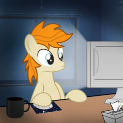 Size: 2500x2500 | Tagged: safe, artist:pizzamovies, imported from derpibooru, oc, oc only, oc:pizzamovies, pony, computer, computer mouse, male, mug, solo, tissue, tissue box, window