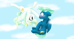 Size: 1024x539 | Tagged: safe, artist:mimicproductions, imported from derpibooru, sky stinger, vapor trail, pegasus, pony, blushing, boop, cloud, cute, duo, female, flying, male, mare, shipping, shrunken pupils, sky, smiling, spread wings, stallion, straight, upside down, vaporsky, wings