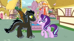 Size: 1182x665 | Tagged: safe, artist:longshotswiftshadow, imported from derpibooru, starlight glimmer, oc, oc:draco k-night blaze, pony, canon x oc, female, fountain, male, ponyville, statue, straight