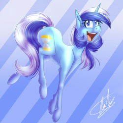 Size: 1024x1024 | Tagged: safe, artist:pocketyhat, imported from derpibooru, minuette, pony, unicorn, abstract background, cutie mark, eye clipping through hair, female, happy, mare, open mouth, pronking, solo