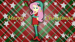 Size: 6830x3840 | Tagged: safe, artist:legendaryspider, imported from derpibooru, fluttershy, elf, equestria girls, bedroom eyes, bells, christmas, clothes, elf costume, elf hat, female, hand on hip, hat, hearth's warming eve, holiday, holly, leggings, legs, looking at you, mistletoe, shoes, show accurate, simple background, skirt, smiling, solo, watermark, wrapping paper