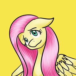 Size: 1024x1024 | Tagged: safe, artist:pocketyhat, imported from derpibooru, fluttershy, pegasus, pony, bust, female, floppy ears, head tilt, mare, simple background, solo, spread wings, wavy mouth, wings, yellow background