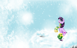 Size: 1280x802 | Tagged: safe, artist:pocketyhat, imported from derpibooru, twilight sparkle, pony, unicorn, clothes, cloud, female, hoof boots, mare, open mouth, scarf, sitting, snow, solo, unicorn twilight, wallpaper