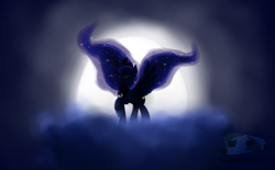 Size: 1280x793 | Tagged: safe, artist:pocketyhat, imported from derpibooru, princess luna, alicorn, pony, cloud, ethereal mane, female, jewelry, mare, moon, raised hoof, regalia, silhouette, solo, spread wings, starry mane, wings