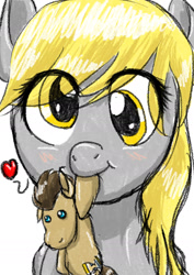 Size: 1240x1748 | Tagged: safe, artist:pocketyhat, imported from derpibooru, derpy hooves, doctor whooves, time turner, pegasus, pony, cutie mark, eye clipping through hair, female, heart, looking at you, mare, mouth hold, plushie, simple background, solo, white background