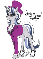 Size: 438x594 | Tagged: safe, artist:pocketyhat, imported from derpibooru, snowfall frost, pony, unicorn, blank flank, clothes, female, glasses, hat, looking at you, mare, raised eyebrow, shoes, sidemouth, simple background, sneer, solo, spats, top hat, white background