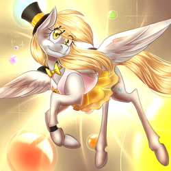 Size: 1024x1024 | Tagged: safe, artist:pocketyhat, imported from derpibooru, derpy hooves, pegasus, pony, abstract background, ballerina, bowtie, bracelet, bubble, clothes, cutie mark, dress, eye clipping through hair, female, flying, hairpin, hairpin derpy, hat, jewelry, mare, smiling, solo, top hat, tutu