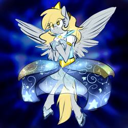 Size: 1024x1024 | Tagged: safe, artist:pocketyhat, imported from derpibooru, derpy hooves, pegasus, pony, abstract background, clothes, cutie mark, dress, eye clipping through hair, female, flying, hairpin derpy, jewelry, mare, slippers, solo, tiara