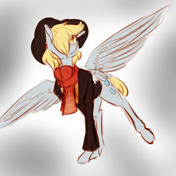 Size: 1024x1024 | Tagged: safe, artist:pocketyhat, imported from derpibooru, derpy hooves, pegasus, pony, clothes, cutie mark, female, gradient background, hair over one eye, hairpin derpy, hat, jacket, mare, scarf, solo, spread wings, wings