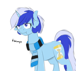 Size: 670x622 | Tagged: safe, artist:pocketyhat, imported from derpibooru, minuette, pony, unicorn, alternate hairstyle, clothes, cutie mark, female, floppy ears, grumpy, mare, scarf, simple background, solo, white background