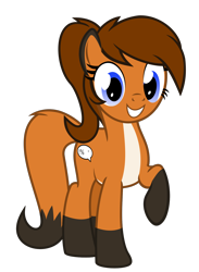 Size: 1280x1751 | Tagged: safe, artist:the smiling pony, imported from derpibooru, oc, oc only, oc:sunnyside, earth pony, fox, fox pony, hybrid, original species, pony, 2019 community collab, derpibooru community collaboration, cute, female, grin, looking at you, mare, ponytail, raised hoof, simple background, smiling, solo, squee, tail fluff, transparent background, vector