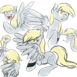 Size: 700x700 | Tagged: safe, artist:pocketyhat, imported from derpibooru, derpy hooves, pegasus, pony, bracelet, covering face, cutie mark, eyes closed, female, hairpin derpy, jewelry, mare, open mouth, simple background, sketch, sketch dump, smiling, solo, white background