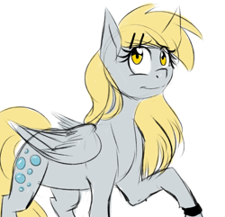 Size: 624x601 | Tagged: safe, artist:pocketyhat, imported from derpibooru, derpy hooves, pegasus, pony, alternate hairstyle, cutie mark, female, hairpin, hairpin derpy, mare, raised hoof, simple background, smiling, solo, white background