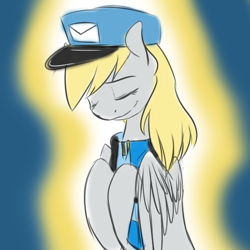 Size: 600x600 | Tagged: safe, artist:pocketyhat, imported from derpibooru, derpy hooves, pegasus, pony, abstract background, clothes, eyes closed, female, hat, mare, scarf, scarf derpy, smiling, solo