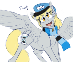 Size: 660x568 | Tagged: safe, artist:pocketyhat, imported from derpibooru, part of a set, derpy hooves, pegasus, pony, alternate cutie mark, clothes, doctor who, female, happy, hat, mare, open mouth, scarf, scarf derpy, simple background, solo, spread wings, white background, wings