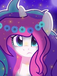 Size: 768x1024 | Tagged: safe, artist:mlpcotton-candy-pone, imported from derpibooru, oc, oc only, oc:magical melody, pony, unicorn, bust, female, floral head wreath, flower, mare, night, portrait, solo