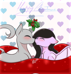 Size: 944x984 | Tagged: safe, artist:nekoremilia1, imported from derpibooru, oc, oc:chia scarlet, oc:kuku, pony, vampire, christmas, couple, fantaslone, holiday, holly, holly mistaken for mistletoe, love, simple background, species