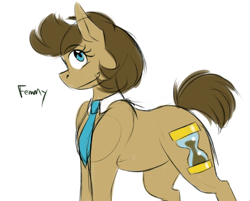 Size: 636x511 | Tagged: safe, artist:pocketyhat, imported from derpibooru, part of a set, doctor whooves, time turner, earth pony, pony, alternate name, cutie mark, female, femmy, mare, necktie, rule 63, simple background, smiling, solo, the doctoress, white background