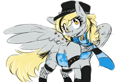 Size: 880x590 | Tagged: safe, artist:pocketyhat, imported from derpibooru, derpy hooves, pegasus, pony, black lipstick, bracelet, clothes, cutie mark, dress, female, fishnets, hat, highlights, jewelry, lipstick, mare, mascara, piercing, scarf, scarf derpy, simple background, socks, solo, spiked wristband, spread wings, white background, wing piercing, wings, wristband