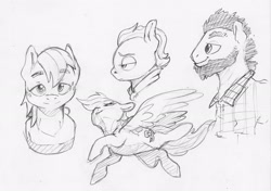 Size: 2271x1600 | Tagged: safe, artist:dilarus, deleted from derpibooru, imported from derpibooru, big macintosh, rainbow dash, oc, earth pony, pegasus, pony, beard, facial hair, female, male, mare, monochrome, simple background, stallion, traditional art, white background