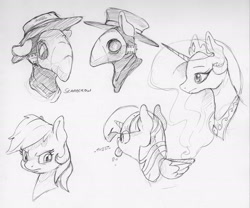 Size: 2369x1967 | Tagged: safe, artist:dilarus, deleted from derpibooru, imported from derpibooru, princess celestia, rainbow dash, twilight sparkle, alicorn, pegasus, pony, female, hat, mare, mask, monochrome, onomatopoeia, plague doctor, plague doctor mask, raspberry, raspberry noise, scarecrow, simple background, tongue out, traditional art, twilight sparkle (alicorn), white background