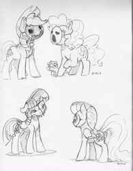 Size: 2421x3105 | Tagged: safe, artist:dilarus, deleted from derpibooru, imported from derpibooru, applejack, fluttershy, gummy, pinkie pie, twilight sparkle, alicorn, alligator, earth pony, pegasus, pony, female, mare, mask, monochrome, simple background, traditional art, twilight sparkle (alicorn), white background