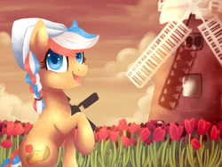 Size: 1024x768 | Tagged: safe, artist:mapony240, imported from derpibooru, oc, oc only, oc:ember, oc:ember (hwcon), earth pony, pony, cottagecore, dutch cap, female, flower, hat, hearth's warming con, mare, mascot, nation ponies, netherlands, ponified, raised hoof, solo, tulip, windmill