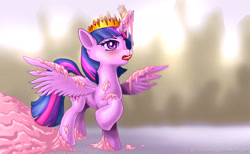 Size: 2000x1233 | Tagged: safe, artist:alexmakovsky, imported from derpibooru, twilight sparkle, alicorn, pony, my little pony: the movie, blushing, cake, candle, crown, female, food, jewelry, mare, messy, regalia, solo, tongue out, twilight sparkle (alicorn)