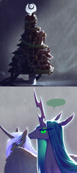 Size: 930x2104 | Tagged: safe, artist:begasus, imported from derpibooru, nightmare moon, queen chrysalis, changedling, changeling, ..., christmas, christmas tree, chrysmoon, female, holiday, lesbian, shipping, tree