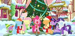 Size: 3492x1718 | Tagged: safe, artist:porygon2z, imported from derpibooru, applejack, fluttershy, pinkie pie, rainbow dash, rarity, spike, twilight sparkle, dragon, earth pony, pegasus, pony, unicorn, bell, candy, candy cane, christmas, christmas outfit, female, food, hearth's warming, hearth's warming tree, holiday, male, mane seven, mane six, red nose, singing, snow, song, tree, unicorn twilight, wreath