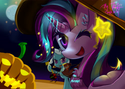 Size: 4547x3248 | Tagged: safe, artist:eric.t.alex, imported from derpibooru, starlight glimmer, trixie, pony, unicorn, duo, female, halloween, holiday, mare, one eye closed, pumpkin, wink