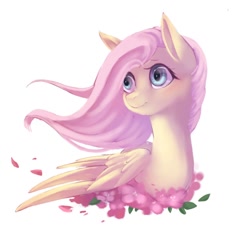 Size: 768x768 | Tagged: safe, artist:watawata_pony, imported from derpibooru, fluttershy, pegasus, pony, bust, female, flower, flower petals, head turn, looking away, mare, portrait, simple background, solo, turned head, white background, windswept mane, wings