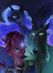 Size: 622x852 | Tagged: safe, artist:watawata_pony, imported from derpibooru, nightmare moon, queen chrysalis, tempest shadow, alicorn, changeling, changeling queen, pony, unicorn, broken horn, female, horn