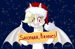 Size: 1000x656 | Tagged: safe, artist:unisoleil, imported from derpibooru, oc, oc only, oc:albi light wing, bat pony, pony, christmas, female, hat, holiday, mare, night, santa hat, sign, solo