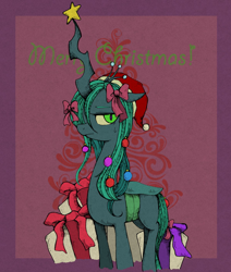 Size: 1200x1414 | Tagged: dead source, safe, artist:awk44, imported from derpibooru, queen chrysalis, changeling, changeling queen, christmas, christmas changeling, female, hat, holiday, looking at you, present, santa hat, solo