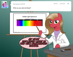 Size: 1019x800 | Tagged: safe, artist:crashthestampede, imported from derpibooru, oc, oc only, oc:pun, earth pony, pony, ask pun, ask, clothes, female, lab coat, mare, solo