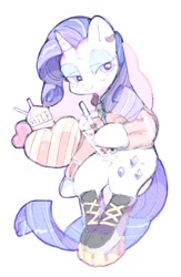 Size: 780x1200 | Tagged: safe, artist:poneko-chan, imported from derpibooru, rarity, pony, unicorn, box of chocolates, bubble tea, clothes, drink, female, mare, milk, piercing, shoes, simple background, sneakers, solo, white background