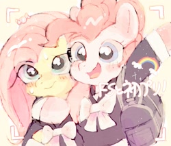 Size: 859x731 | Tagged: safe, artist:poneko-chan, imported from derpibooru, fluttershy, pinkie pie, earth pony, pony, bag, camera shot, clothes, duo, female, hug, japanese, mare, smiling