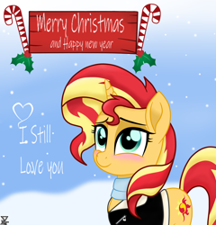 Size: 2300x2400 | Tagged: safe, artist:theretroart88, imported from derpibooru, sunset shimmer, pony, unicorn, my little pony: the movie, blushing, christmas, clothes, female, holiday, holly, jacket, looking at you, mare, merry christmas, scarf, smiling