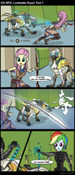 Size: 1280x2964 | Tagged: safe, artist:bredgroup, artist:sirvalter, imported from derpibooru, fluttershy, rainbow dash, comic:eg rpg lootbattle royal, equestria girls, aloy, comic, horizon zero dawn, metal gear, metal gear rising, raiden, sawtooth, weapon