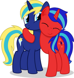 Size: 2500x2650 | Tagged: safe, artist:arifproject, imported from derpibooru, oc, oc only, oc:octavian fall, oc:sparkling star, pony, unicorn, 2019 community collab, derpibooru community collaboration, duo, eyes closed, hug, simple background, transparent background, vector