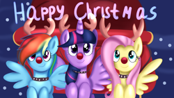 Size: 1280x720 | Tagged: safe, artist:jbond, imported from derpibooru, fluttershy, rainbow dash, twilight sparkle, alicorn, deer pony, earth pony, original species, pony, christmas, fake horns, female, holiday, mare, postcard, red nose, rudolph dash, sleigh, text, trio, twilight sparkle (alicorn)