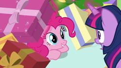 Size: 1280x720 | Tagged: safe, imported from derpibooru, screencap, pinkie pie, twilight sparkle, alicorn, the great escape room, present, twilight sparkle (alicorn)