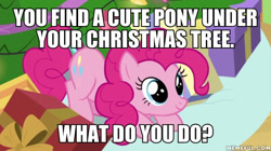 Size: 600x337 | Tagged: safe, edit, edited screencap, imported from derpibooru, screencap, pinkie pie, earth pony, pony, the great escape room, bronybait, caption, christmas, cute, female, holiday, image macro, mare, meme, memeful.com, present, solo, text