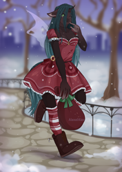 Size: 2894x4093 | Tagged: safe, artist:alexa1alexa, imported from derpibooru, oc, oc only, anthro, changeling, anthro oc, boots, breasts, changeling oc, cleavage, clothes, dress, female, one eye closed, shoes, snow, socks, solo, wink