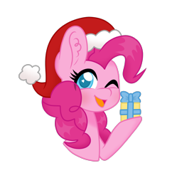Size: 2470x2479 | Tagged: safe, artist:php150, artist:superanina, imported from derpibooru, pinkie pie, earth pony, pony, christmas, cute, diapinkes, female, hat, holiday, mare, one eye closed, present, santa hat, simple background, smiling, solo, transparent background, wink