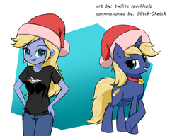 Size: 1300x1000 | Tagged: safe, artist:twilite-sparkleplz, imported from derpibooru, oc, oc only, pony, equestria girls, christmas, clothes, commission, female, hat, holiday, mare, pants, santa hat, shirt