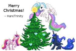Size: 358x238 | Tagged: safe, artist:haretrinity, imported from derpibooru, princess cadance, princess celestia, princess luna, alicorn, pony, alicorn triarchy, christmas, christmas tree, female, flying, holiday, mare, pixel art, ponified, royal sisters, simple background, transparent background, tree